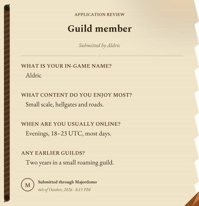 An application as reviewers see it: the applicant's answers on one card